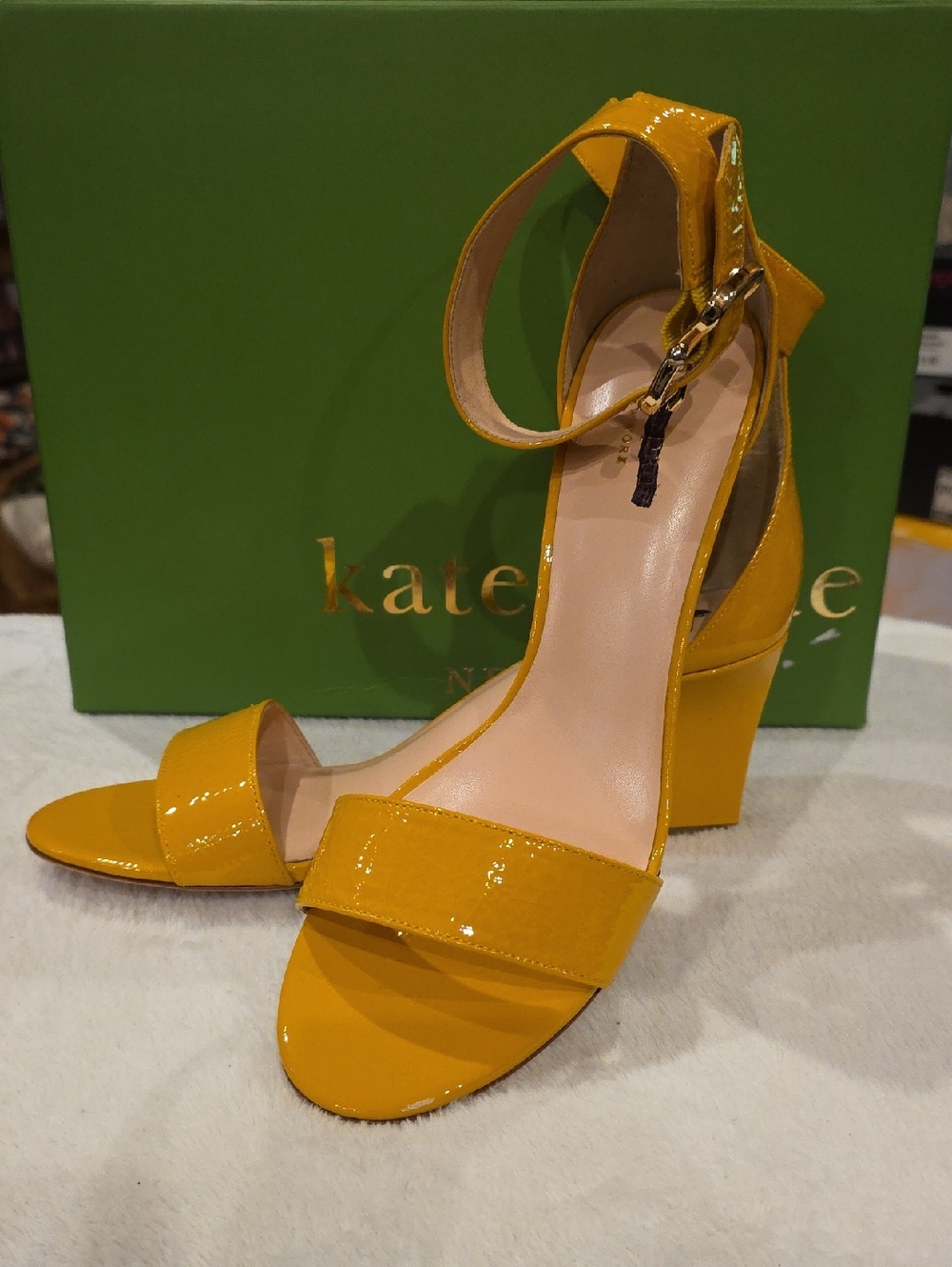 kate spade Yellow Patent Ankle-Strap Block Heel Sandals